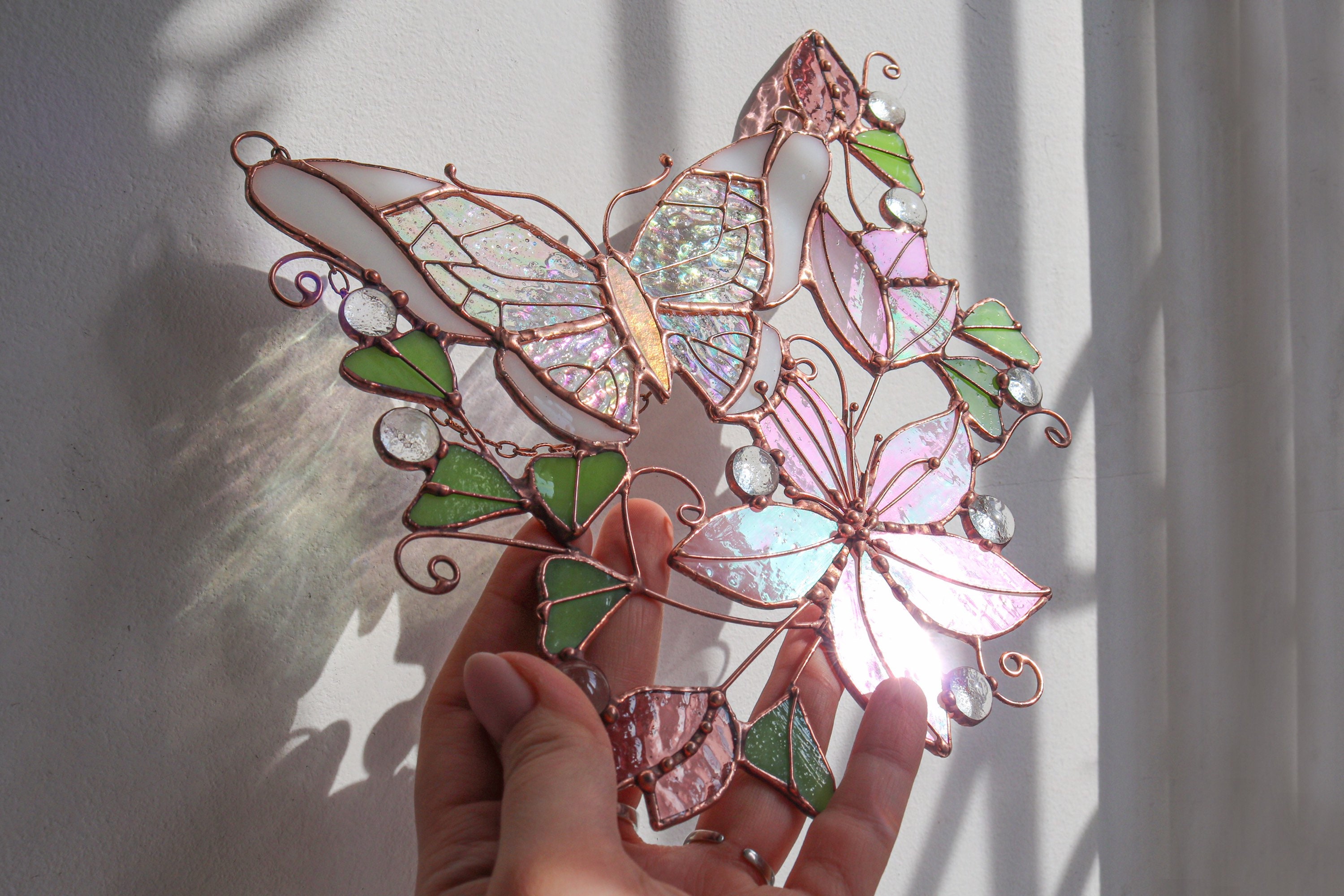 Pink Suncatcher Monarch Butterfly Flowers Stained Glass Picture 