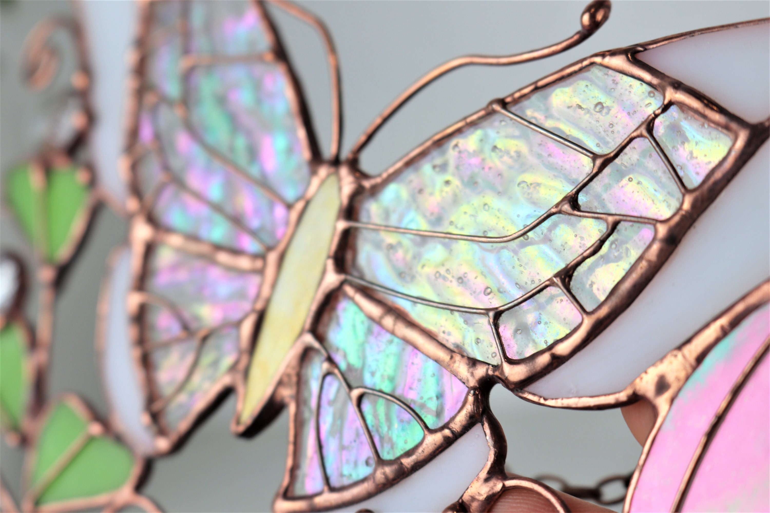 Pink Suncatcher Monarch Butterfly Flowers Stained Glass Picture 