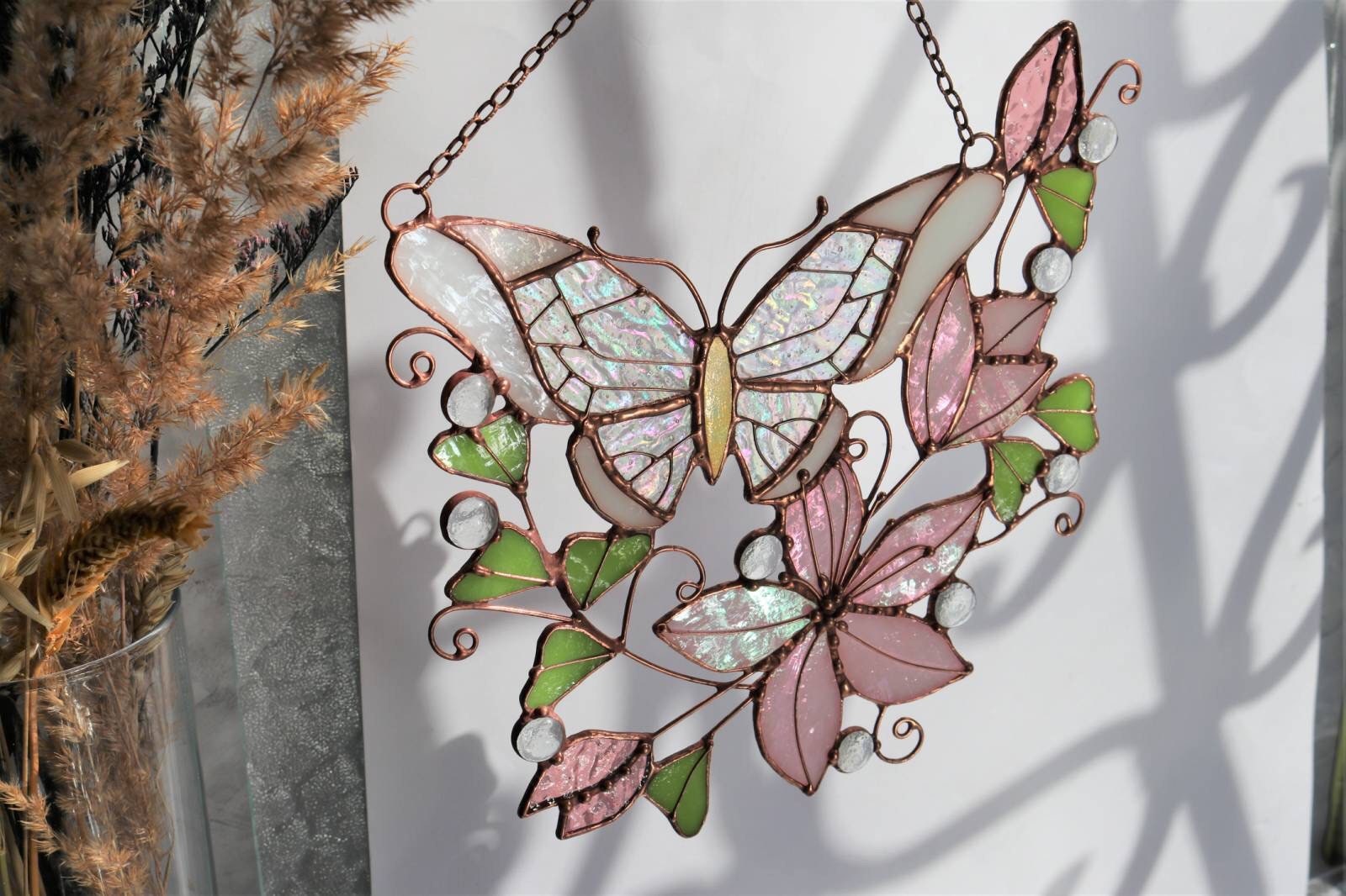 Pink Suncatcher Monarch Butterfly Flowers Stained Glass Picture 