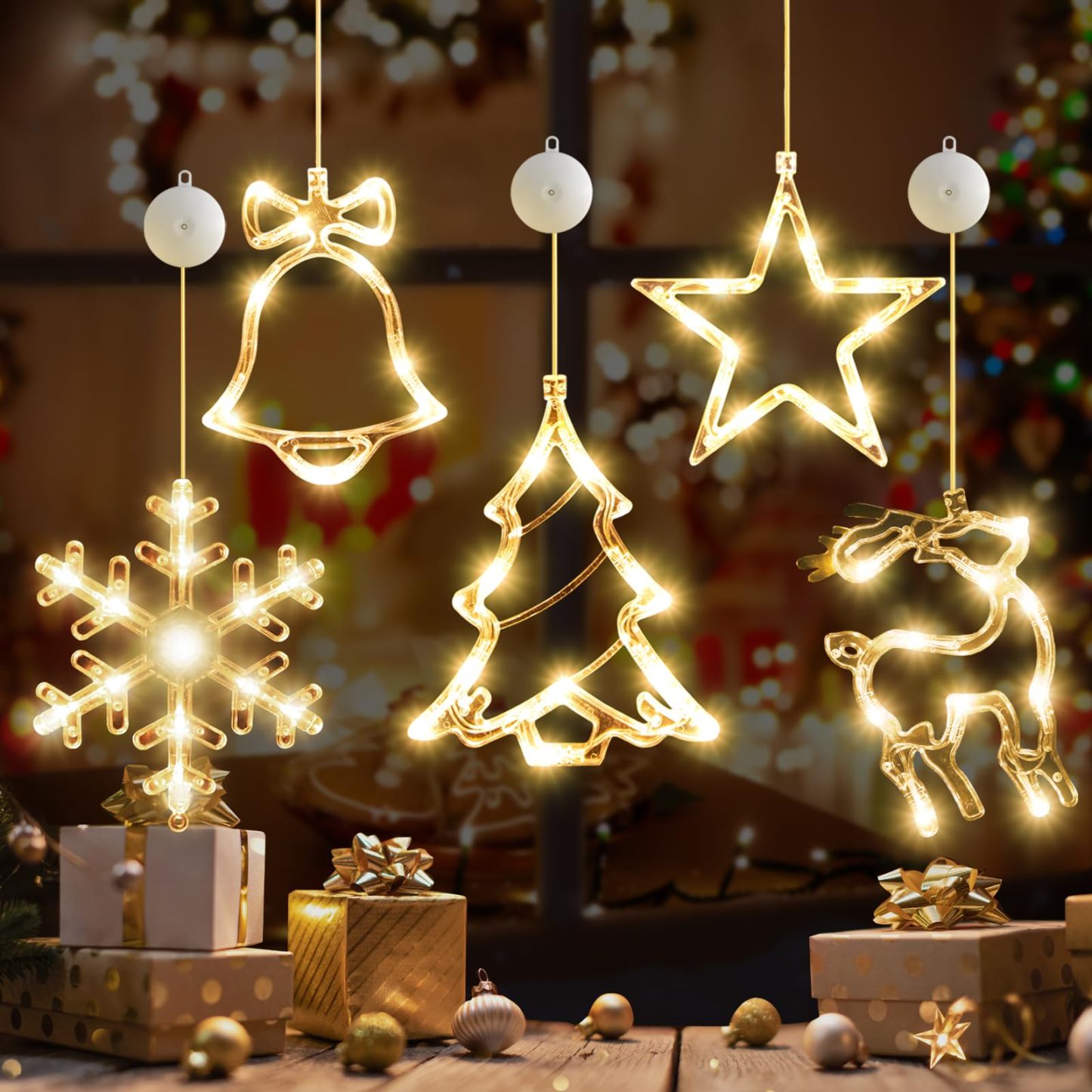 🎅5 bucăți decorațiuni pentru fereastră de Crăciun, agățat de Crăciun alimentat cu baterie, fulg de zăpadă, cu lumină albă, stea, clopoței, LED, pentru decorarea interioară a șemineului pentru pomul de Crăciun
