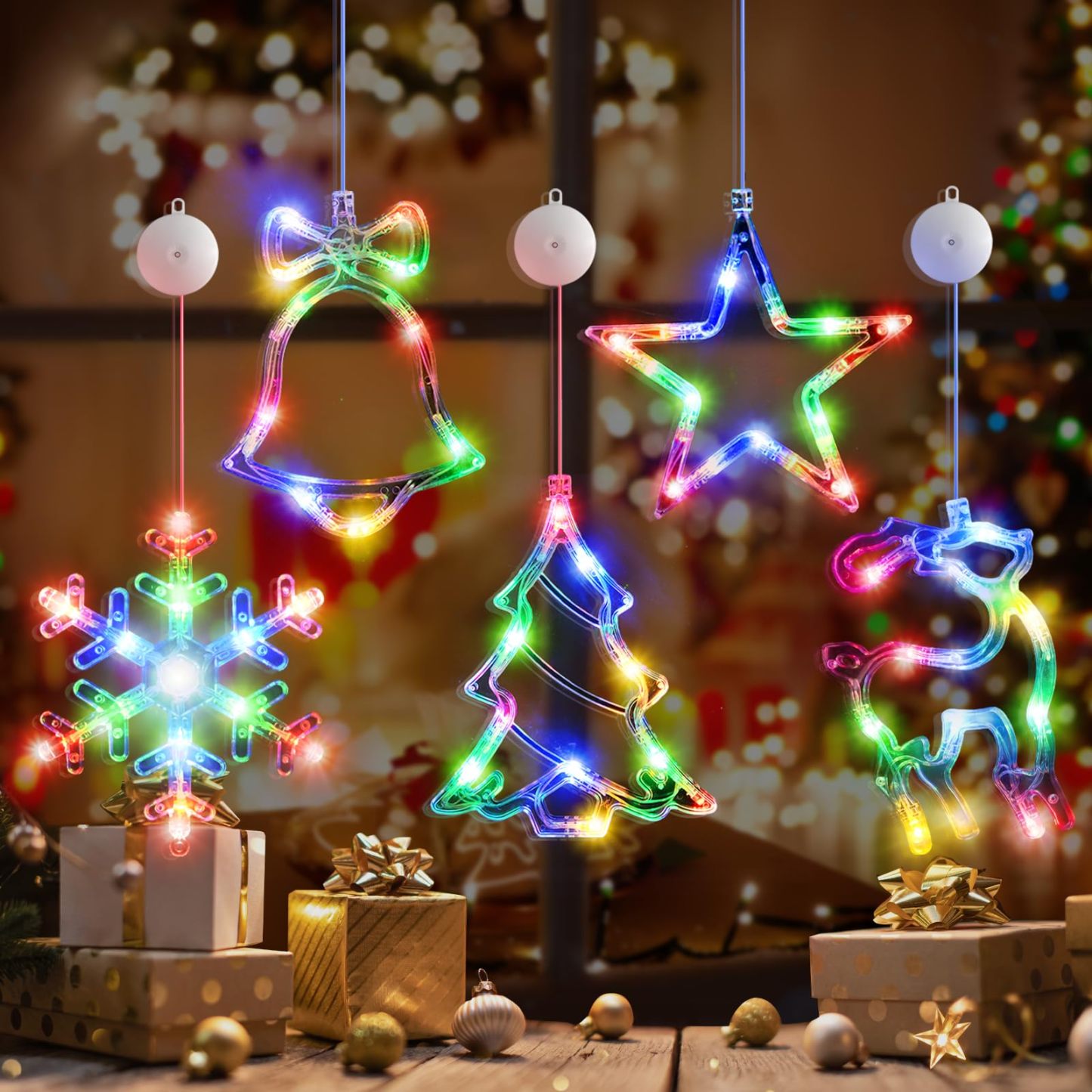🎅5 bucăți decorațiuni pentru fereastră de Crăciun, agățat de Crăciun alimentat cu baterie, fulg de zăpadă iluminat multicolor, copac, stea, clopote, cu LED, pentru decorarea interioară a șemineului pentru pomul de Crăciun