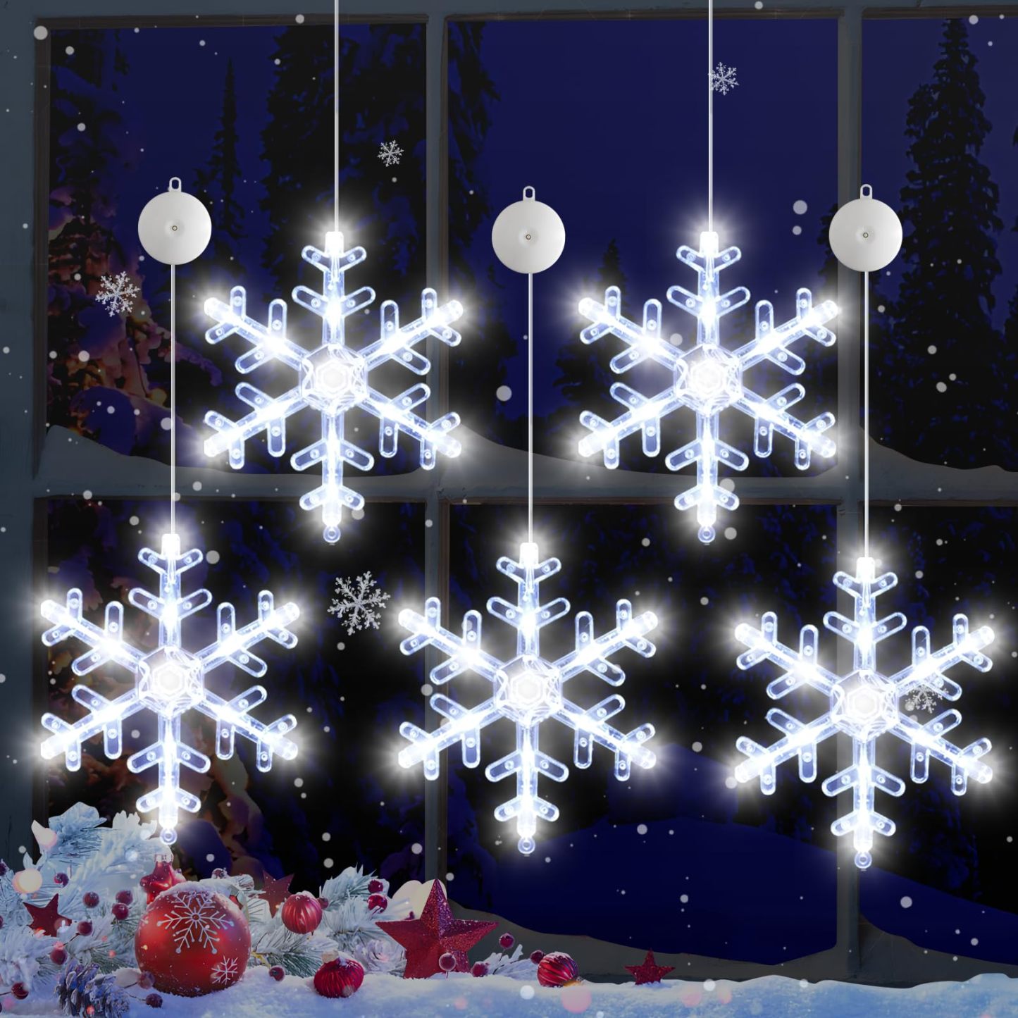 🎅5 bucăți de decorațiuni pentru fereastră de Crăciun, agățat cu baterie de Crăciun, iluminat alb, în formă de fulg de zăpadă, cu LED-uri pentru șemineu pentru pomul de Crăciun, pentru decor interior și exterior