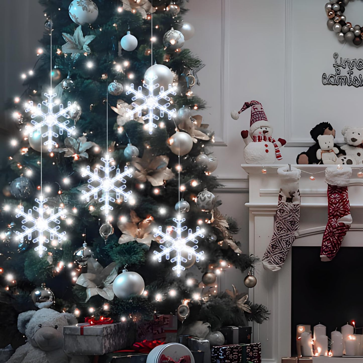 🎅5 bucăți de decorațiuni pentru fereastră de Crăciun, agățat cu baterie de Crăciun, iluminat alb, în formă de fulg de zăpadă, cu LED-uri pentru șemineu pentru pomul de Crăciun, pentru decor interior și exterior