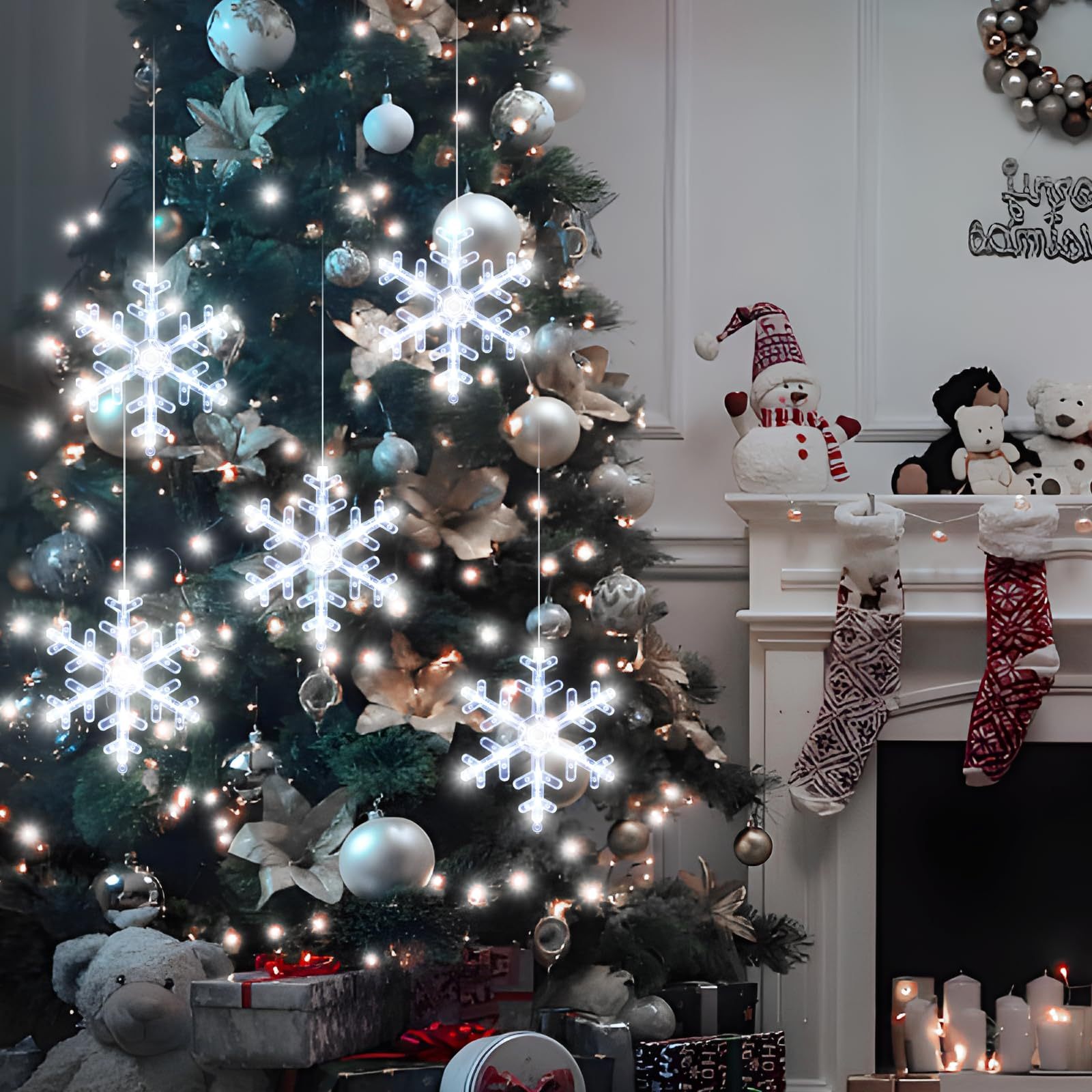 🎅5 bucăți de decorațiuni pentru fereastră de Crăciun, agățat cu baterie de Crăciun, iluminat alb, în formă de fulg de zăpadă, cu LED-uri pentru șemineu pentru pomul de Crăciun, pentru decor interior și exterior