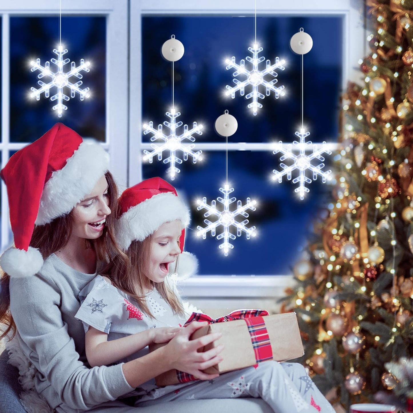 🎅5 bucăți de decorațiuni pentru fereastră de Crăciun, agățat cu baterie de Crăciun, iluminat alb, în formă de fulg de zăpadă, cu LED-uri pentru șemineu pentru pomul de Crăciun, pentru decor interior și exterior
