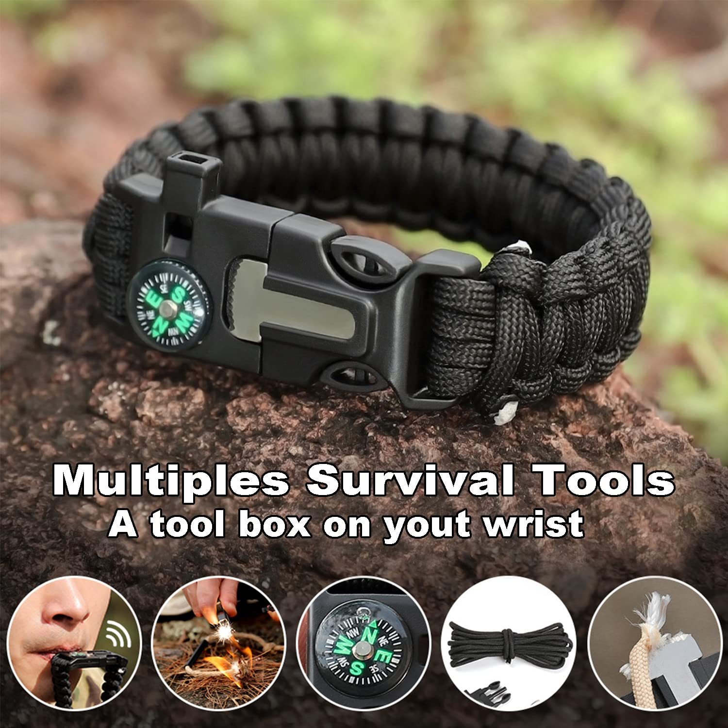 Brățară Paracord - Ajustabilă - Brichetă - Fluier puternic - Excelent pentru drumeții, camping, pescuit și vânătoare