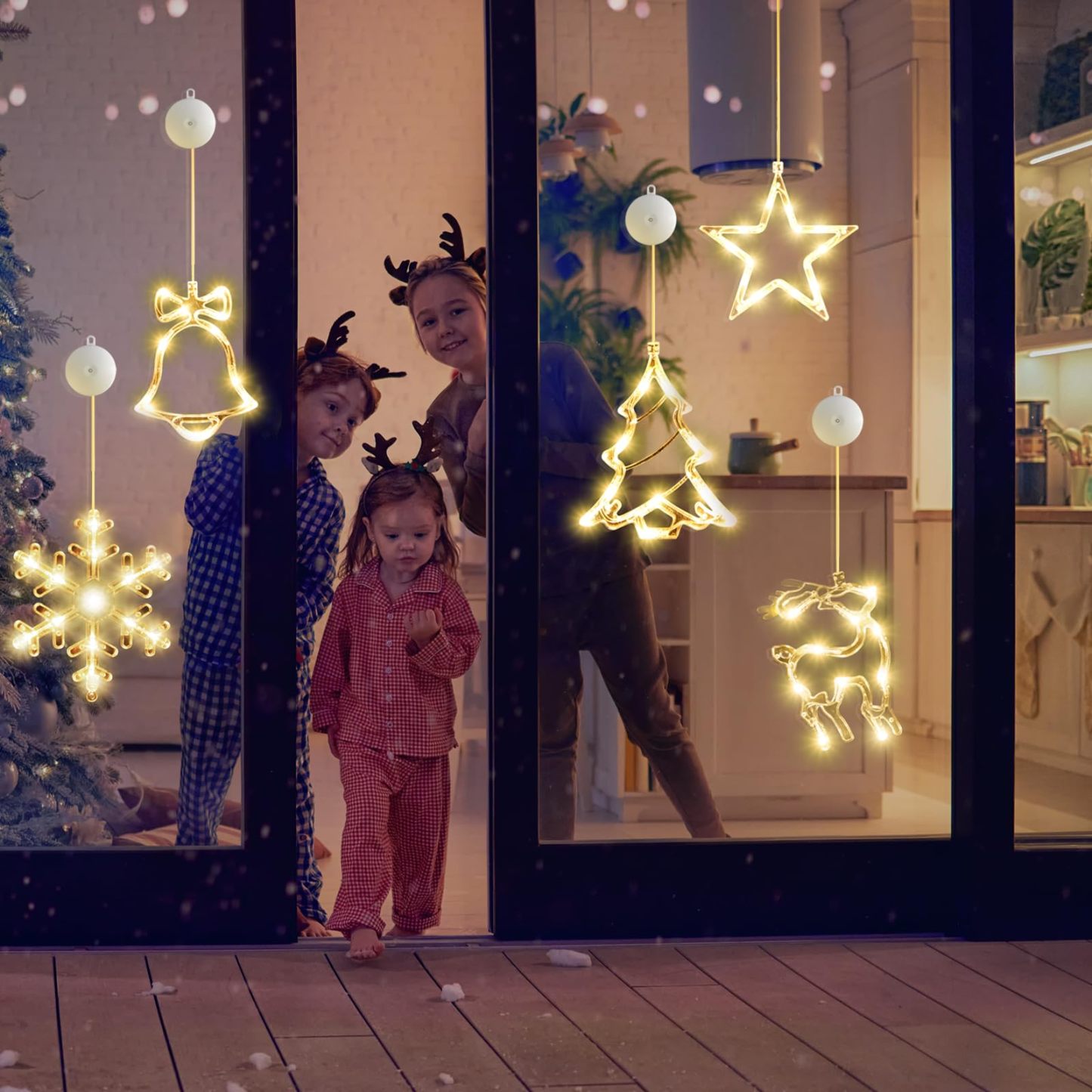 🎅5 bucăți decorațiuni pentru fereastră de Crăciun, agățat de Crăciun alimentat cu baterie, fulg de zăpadă, cu lumină albă, stea, clopoței, LED, pentru decorarea interioară a șemineului pentru pomul de Crăciun