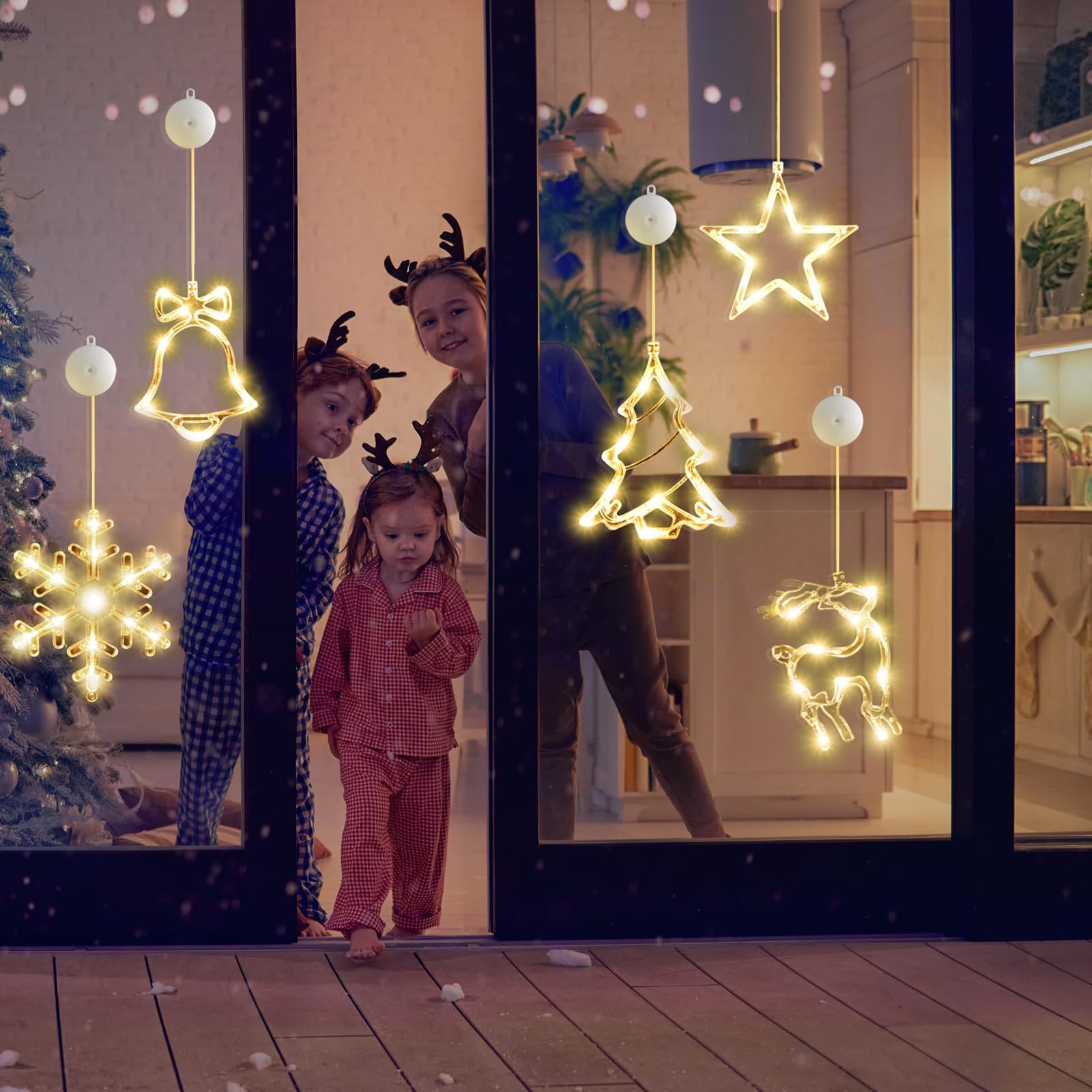 🎅5 bucăți decorațiuni pentru fereastră de Crăciun, agățat de Crăciun alimentat cu baterie, fulg de zăpadă, cu lumină albă, stea, clopoței, LED, pentru decorarea interioară a șemineului pentru pomul de Crăciun