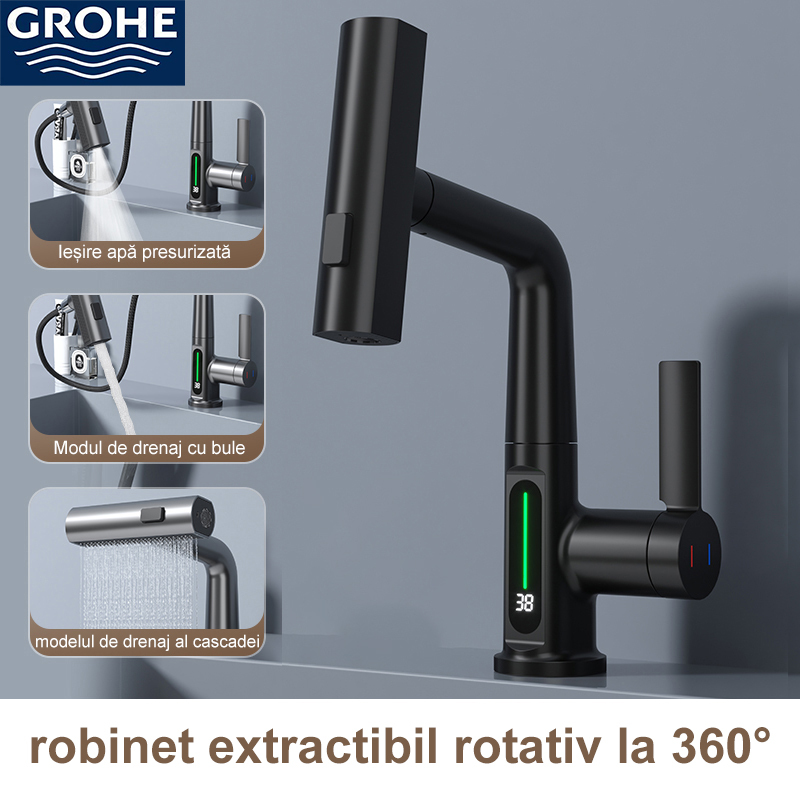 (Grohe) robinet extensibil cu afișare inteligentă a temperaturii apei cu rotire la 360°