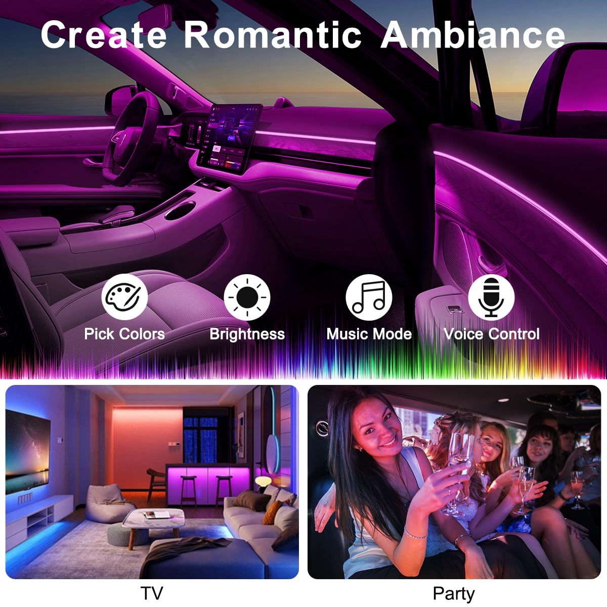 Bandă LED interioară Control APP, 5 în 1 RGB 16 milioane de culori Kit de iluminare ambientală cu fibră optică de 236 inchi, mod muzică Accesorii pentru iluminarea mașinii