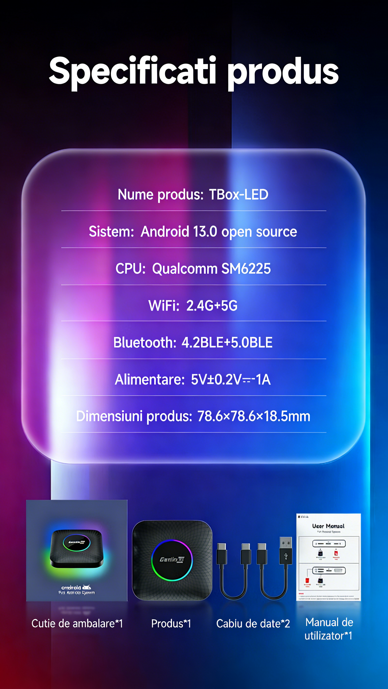 2026 Carlinkit Mini Wireless CarPlay Adapter, suportă sistemul Android 13.0, conectare wireless 8G/128G, compatibil cu Apple CarPlay și Android Auto.