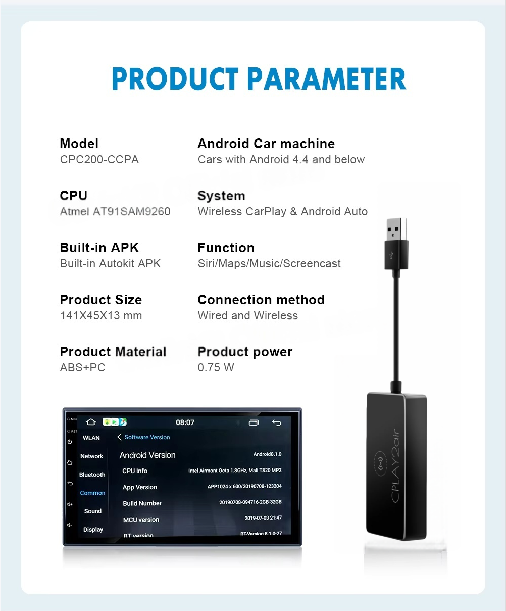 2026 CPLAY2AIR Adapter Wireless CarPlay – Upgrade complet, 8G/128G conexiune wireless, compatibil cu Apple CarPlay și Android Auto