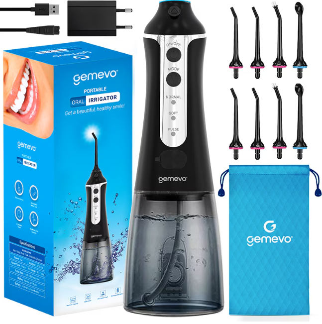 Irigator Oral Profesional pentru Dus Bucal, Gemevo® Family, fara fir, portabil, IPX7, Protectie supraincalzire, Rezervor 300 ml, Culoare Alb/Albastru