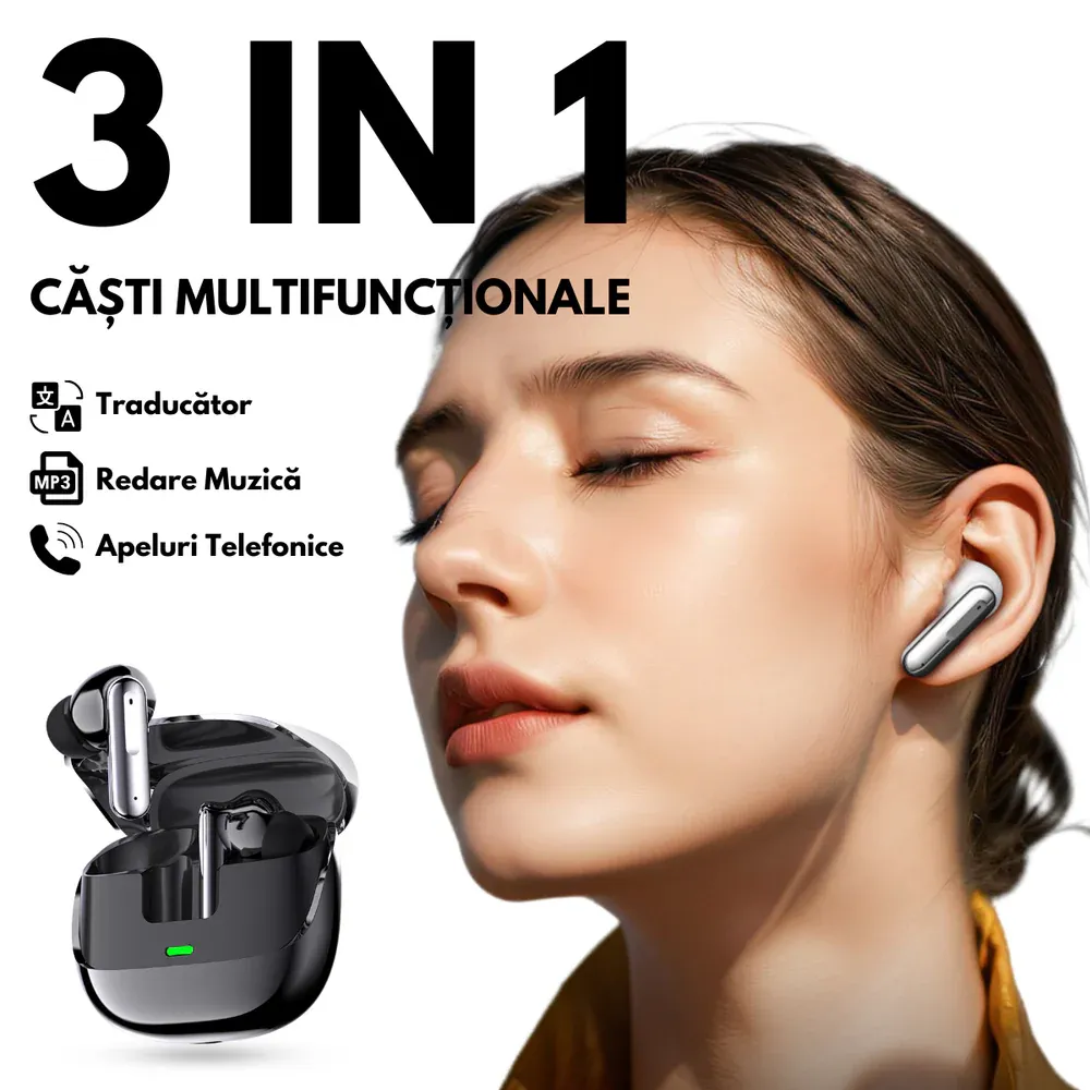 Căști de traducere a conversațiilor în timp real, acceptă 144 de limbi, traducere foto, Bluetooth 5.4, control tactil, carcasă de încărcare, easyCTRL®
