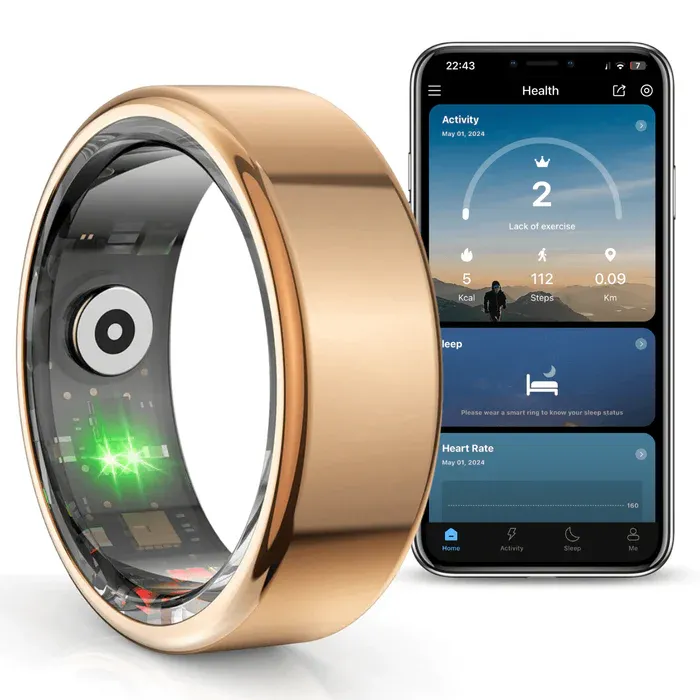 Inel Inteligent, Bluetooth, Cutie Incarcare Wireless, Monitorizeaza Pulsul, Oxigenul din Sange, Somnul, Calorii, Impermeabil IP68, Gold, easyCTRL®