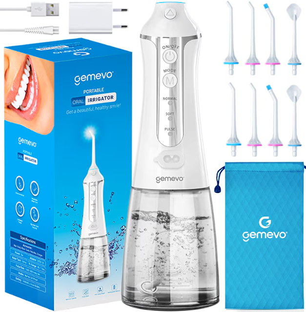 Irigator Oral Profesional pentru Dus Bucal, Gemevo® Family, fara fir, portabil, IPX7, Protectie supraincalzire, Rezervor 300 ml, Culoare Alb/Albastru