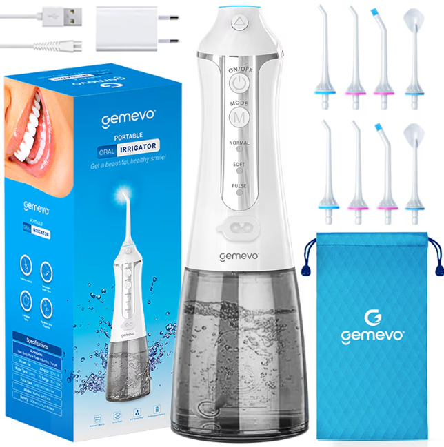 Irigator Oral Profesional pentru Dus Bucal, Gemevo® Family, fara fir, portabil, IPX7, Protectie supraincalzire, Rezervor 300 ml, Culoare Alb/Albastru