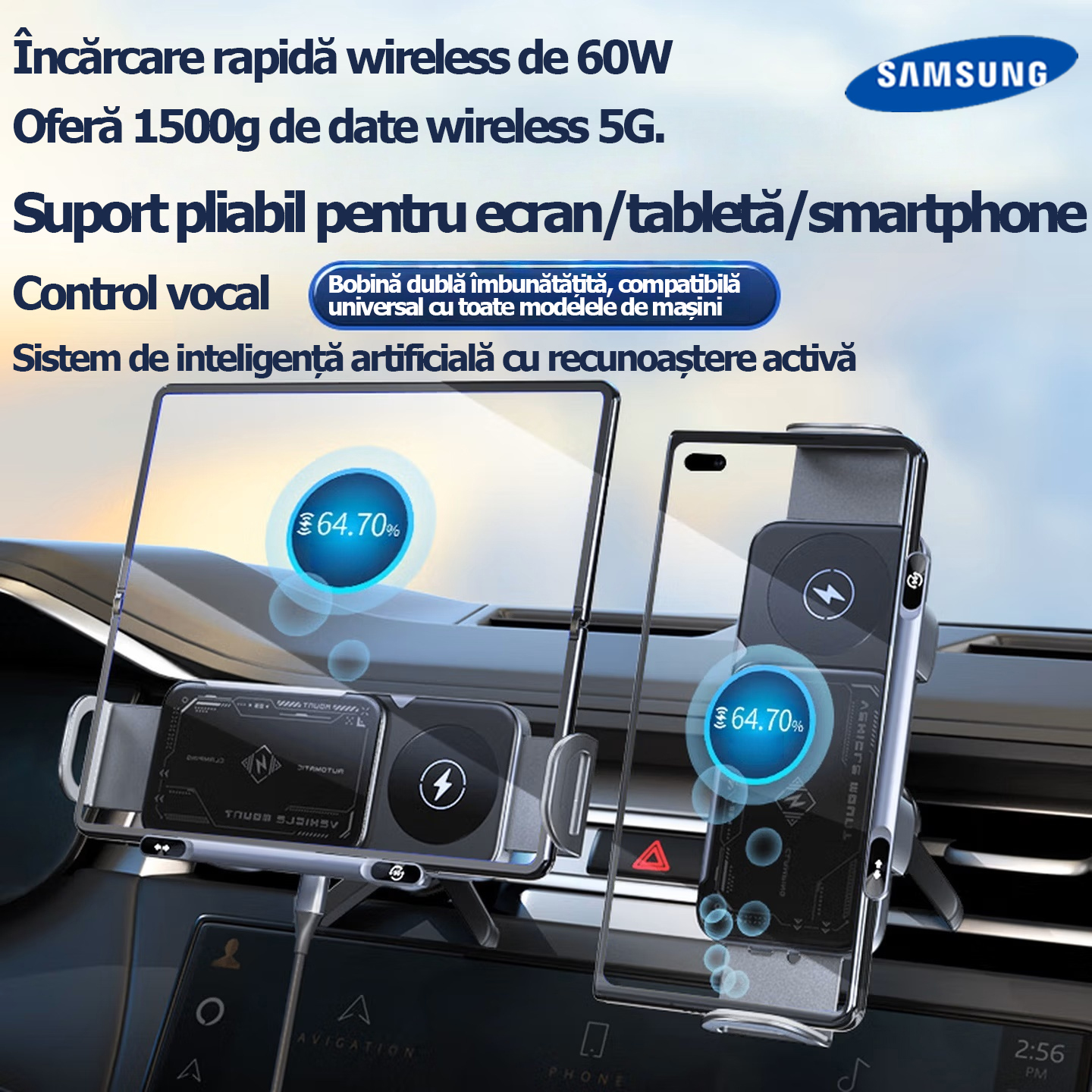 Suport auto Samsung cu control vocal inteligent prin inteligență artificială Rotație automată 3 în 1 · Recunoaștere inteligentă prin inteligență artificială · Legătură WiFi wireless · Încărcare rapidă wireless Compatibil cu telefoane / ecrane pliabile / t