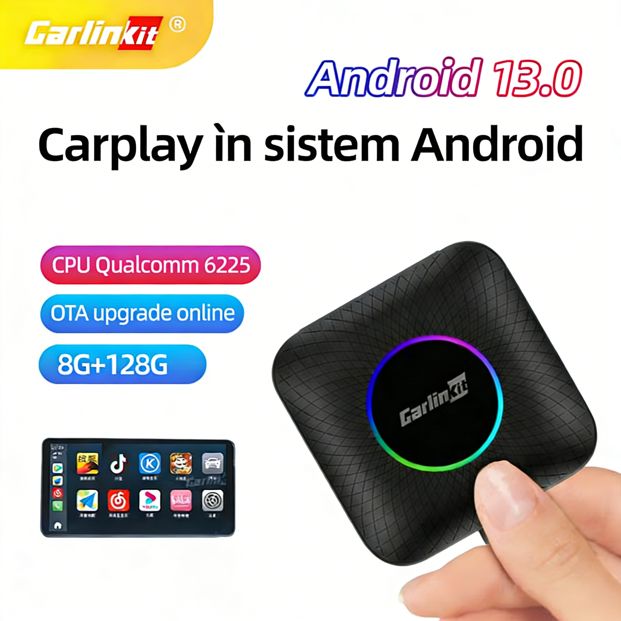 2026 Carlinkit Mini Wireless CarPlay Adapter, suportă sistemul Android 13.0, conectare wireless 8G/64G, compatibil cu Apple CarPlay și Android Auto.