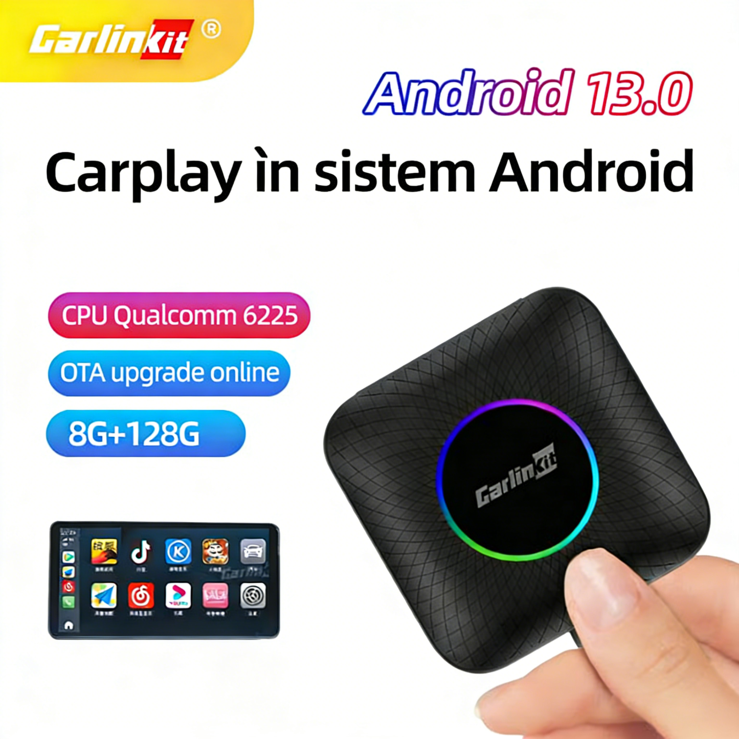2026 Carlinkit Mini Wireless CarPlay Adapter, suportă sistemul Android 13.0, conectare wireless 8G/64G, compatibil cu Apple CarPlay și Android Auto.