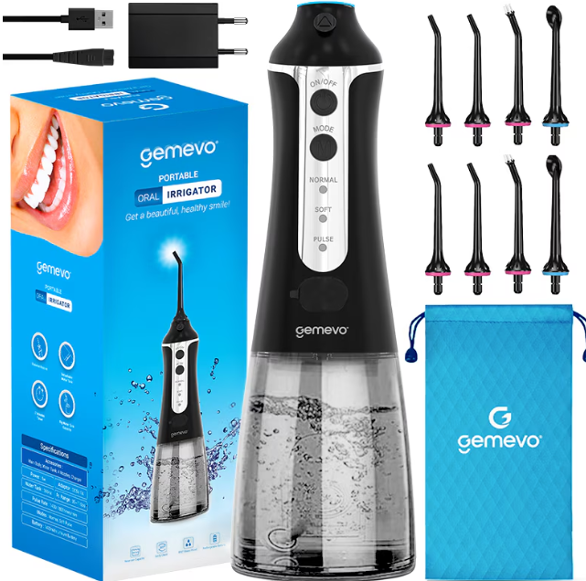 Irigator Oral Profesional pentru Dus Bucal, Gemevo® Family, fara fir, portabil, IPX7, Protectie supraincalzire, Rezervor 300 ml, Culoare Alb/Albastru