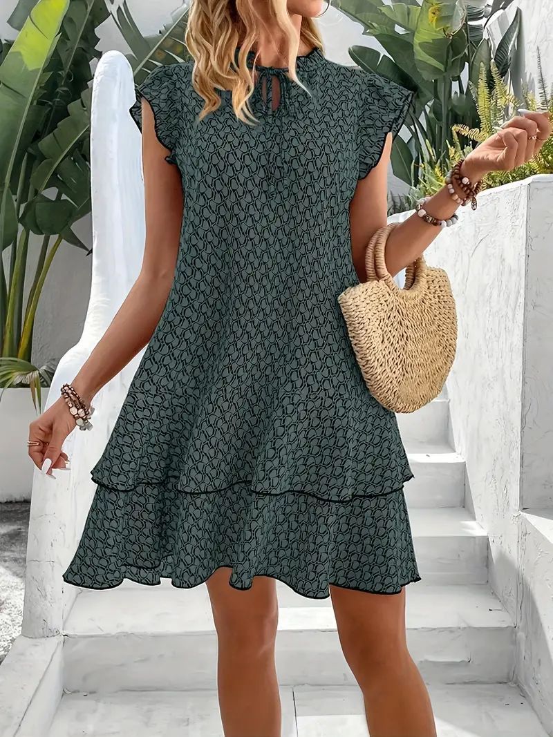 Rochie imprimată Vibrant Bow Tie - Mâneci scurte elegante, tiv stratificat cu volane, design elegant, decolteu reglabil - Perfect pentru primăvara / sezonul de vară, doamnelor chic purta!