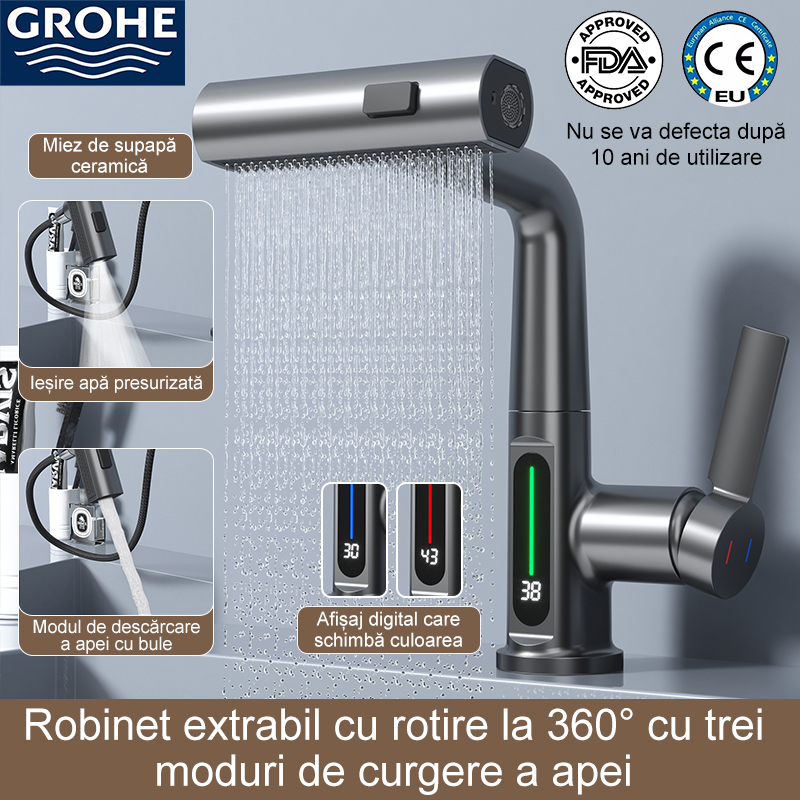 (Grohe) robinet extensibil cu afișare inteligentă a temperaturii apei cu rotire la 360°