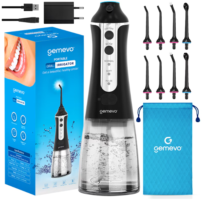 Irigator Oral Profesional pentru Dus Bucal, Gemevo® Family, fara fir, portabil, IPX7, Protectie supraincalzire, Rezervor 300 ml, Culoare Alb/Albastru
