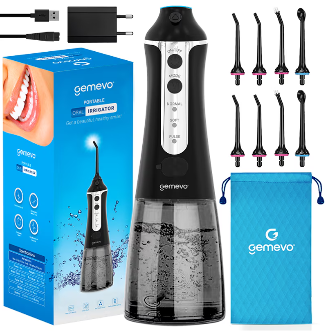 Irigator Oral Profesional pentru Dus Bucal, Gemevo® Family, fara fir, portabil, IPX7, Protectie supraincalzire, Rezervor 300 ml, Culoare Alb/Albastru