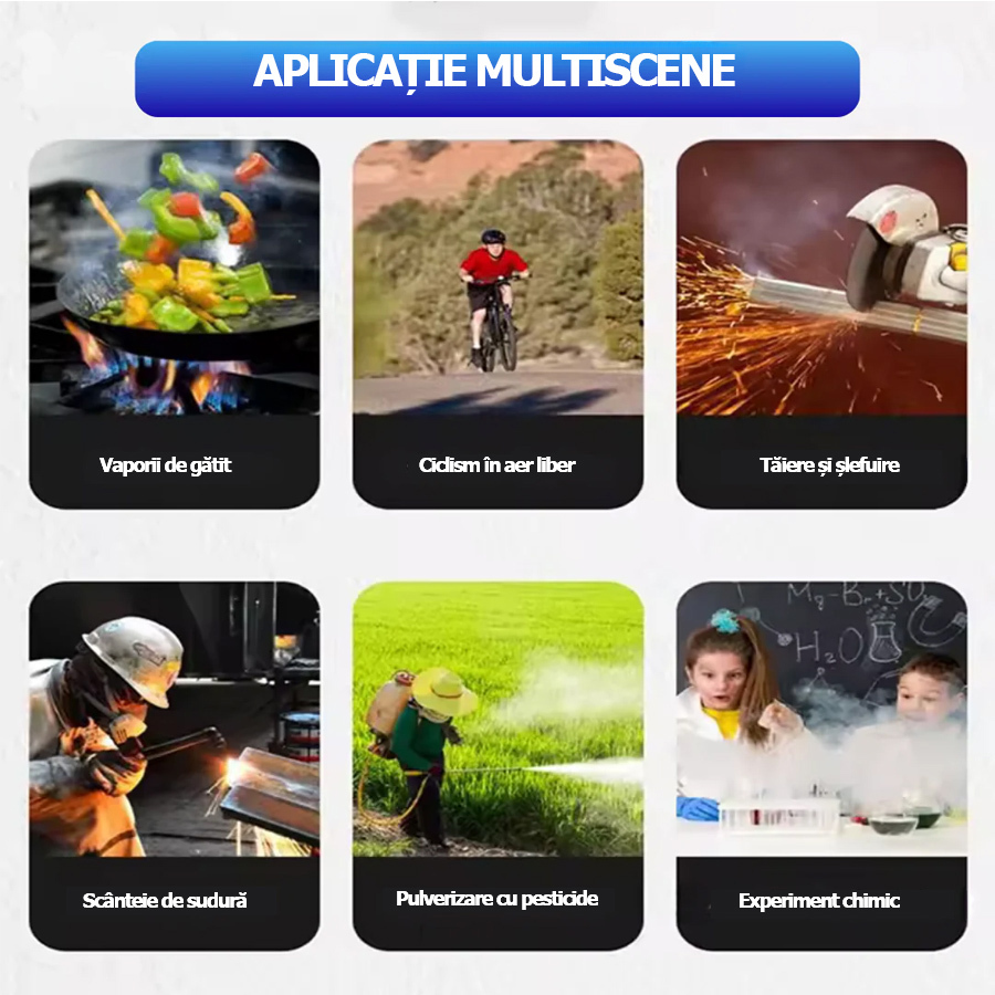 Viziera protejează fața, ochii și căile respiratorii în timpul lucrului.