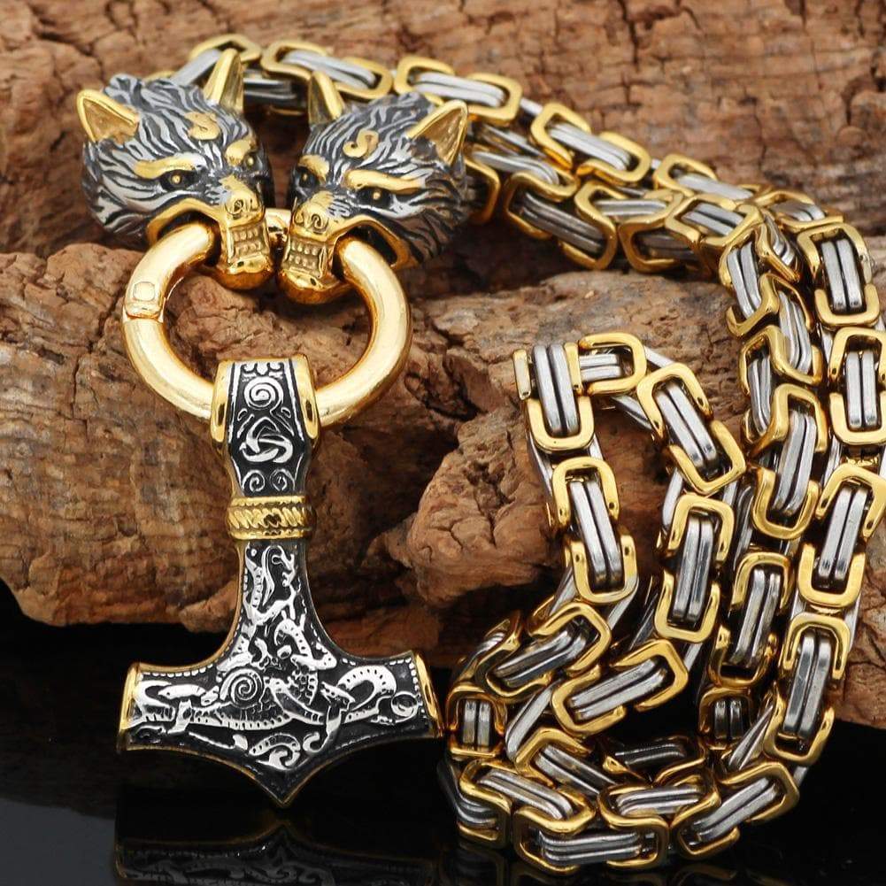 VIKING WOLF REGE LUP MJOLNIR COLIER DIN OȚEL INOXIDABIL LANȚ DE LANȚ