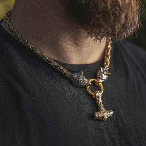 VIKING WOLF REGE LUP MJOLNIR COLIER DIN OȚEL INOXIDABIL LANȚ DE LANȚ
