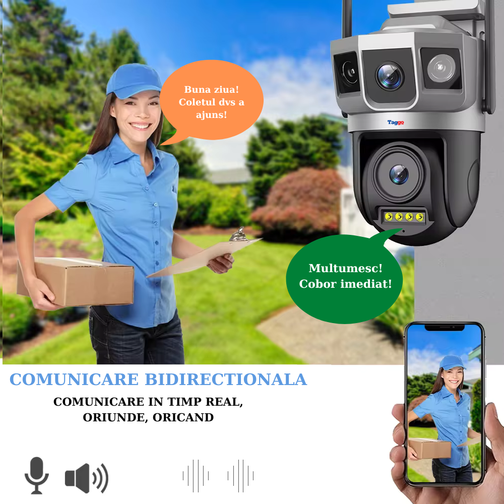 Camera de supraveghere WIFI 8MP. 2 lentile. Control din aplicatie. Urmarire automata. Rezistenta la apa IP66
