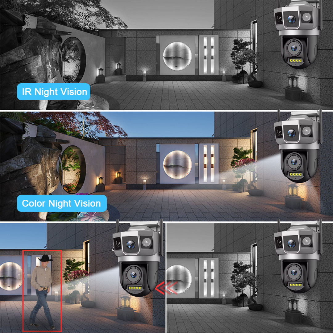 Camera de supraveghere WIFI 8MP. 2 lentile. Control din aplicatie. Urmarire automata. Rezistenta la apa IP66