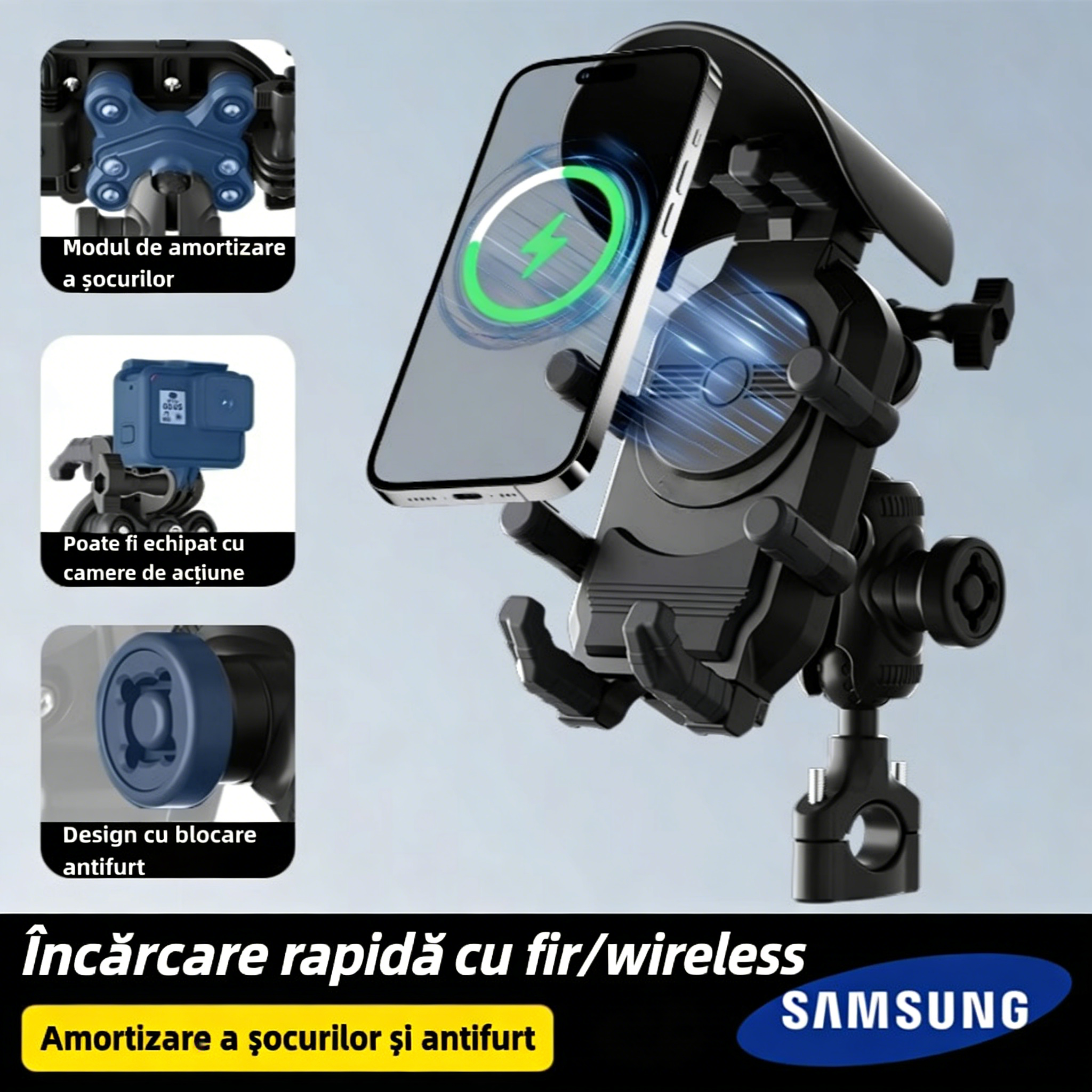 Suport pentru telefon Samsung moto 2026, rezistent la ploaie și zăpadă, cu protecție solară, rotire 360° și încărcare wireless