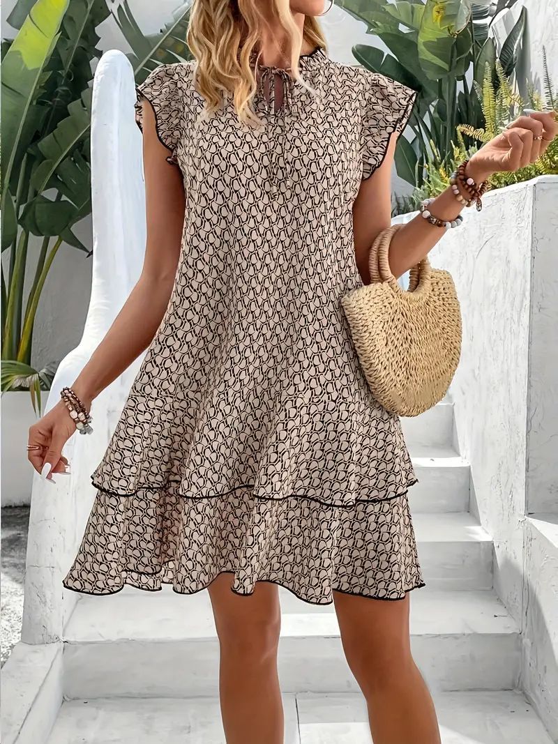 Rochie imprimată Vibrant Bow Tie - Mâneci scurte elegante, tiv stratificat cu volane, design elegant, decolteu reglabil - Perfect pentru primăvara / sezonul de vară, doamnelor chic purta!