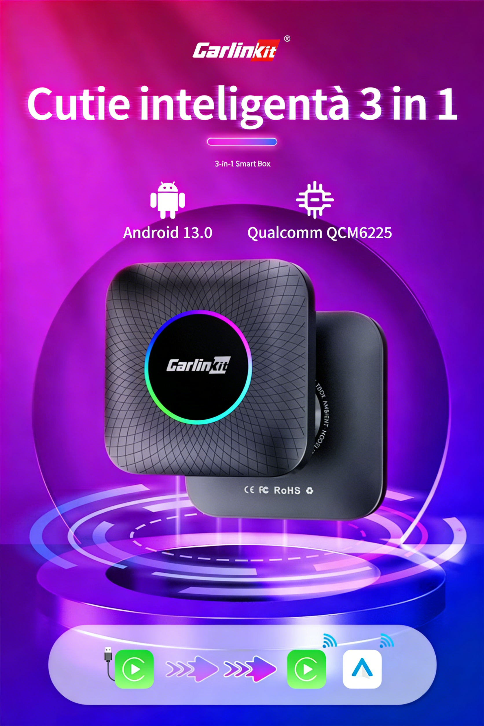 2026 Carlinkit Mini Wireless CarPlay Adapter, suportă sistemul Android 13.0, conectare wireless 8G/64G, compatibil cu Apple CarPlay și Android Auto.
