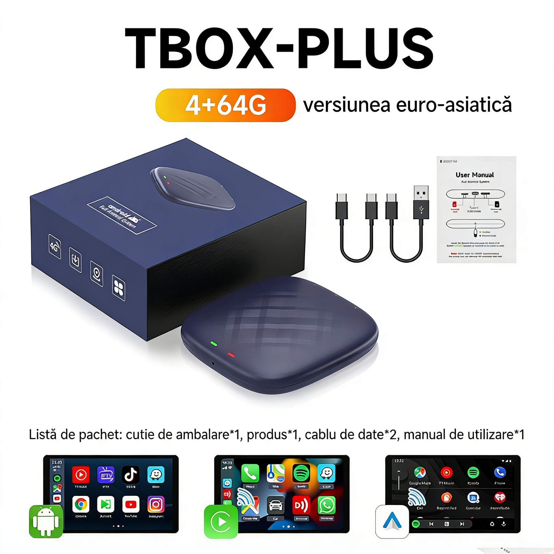 [Copy]Carlinkit CARPLAY AI BOX 2026, 8G/128G, Conexiune wireless, Compatibil cu Apple CarPlay și Android Auto, Suportă SIM și TF Card