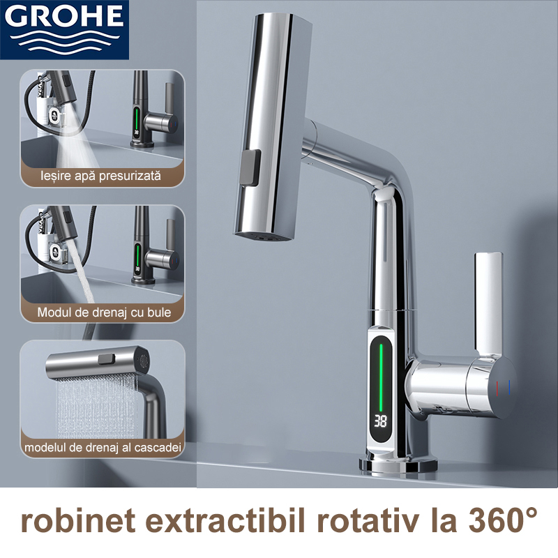 (Grohe) robinet extensibil cu afișare inteligentă a temperaturii apei cu rotire la 360°