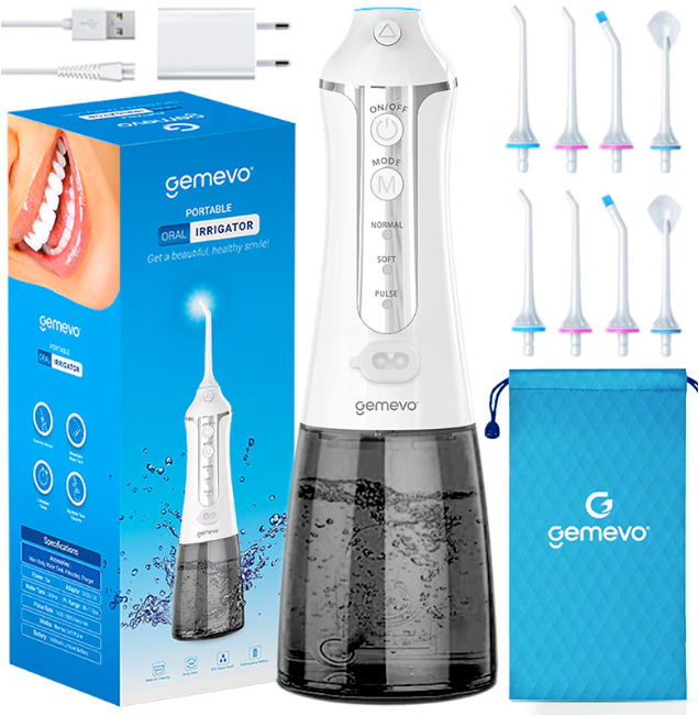 Irigator Oral Profesional pentru Dus Bucal, Gemevo® Family, fara fir, portabil, IPX7, Protectie supraincalzire, Rezervor 300 ml, Culoare Alb/Albastru