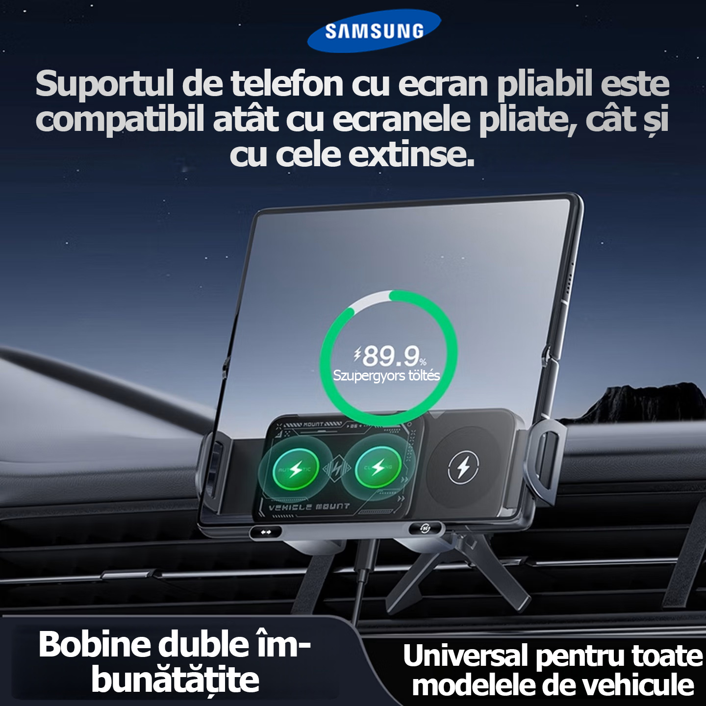 Suport auto Samsung cu control vocal inteligent prin inteligență artificială Rotație automată 3 în 1 · Recunoaștere inteligentă prin inteligență artificială · Legătură WiFi wireless · Încărcare rapidă wireless Compatibil cu telefoane / ecrane pliabile / t