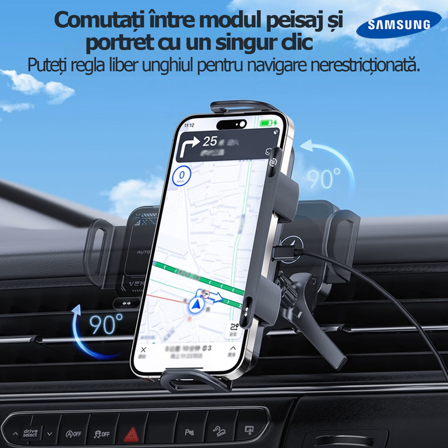 Suport auto Samsung cu control vocal inteligent prin inteligență artificială Rotație automată 3 în 1 · Recunoaștere inteligentă prin inteligență artificială · Legătură WiFi wireless · Încărcare rapidă wireless Compatibil cu telefoane / ecrane pliabile / t