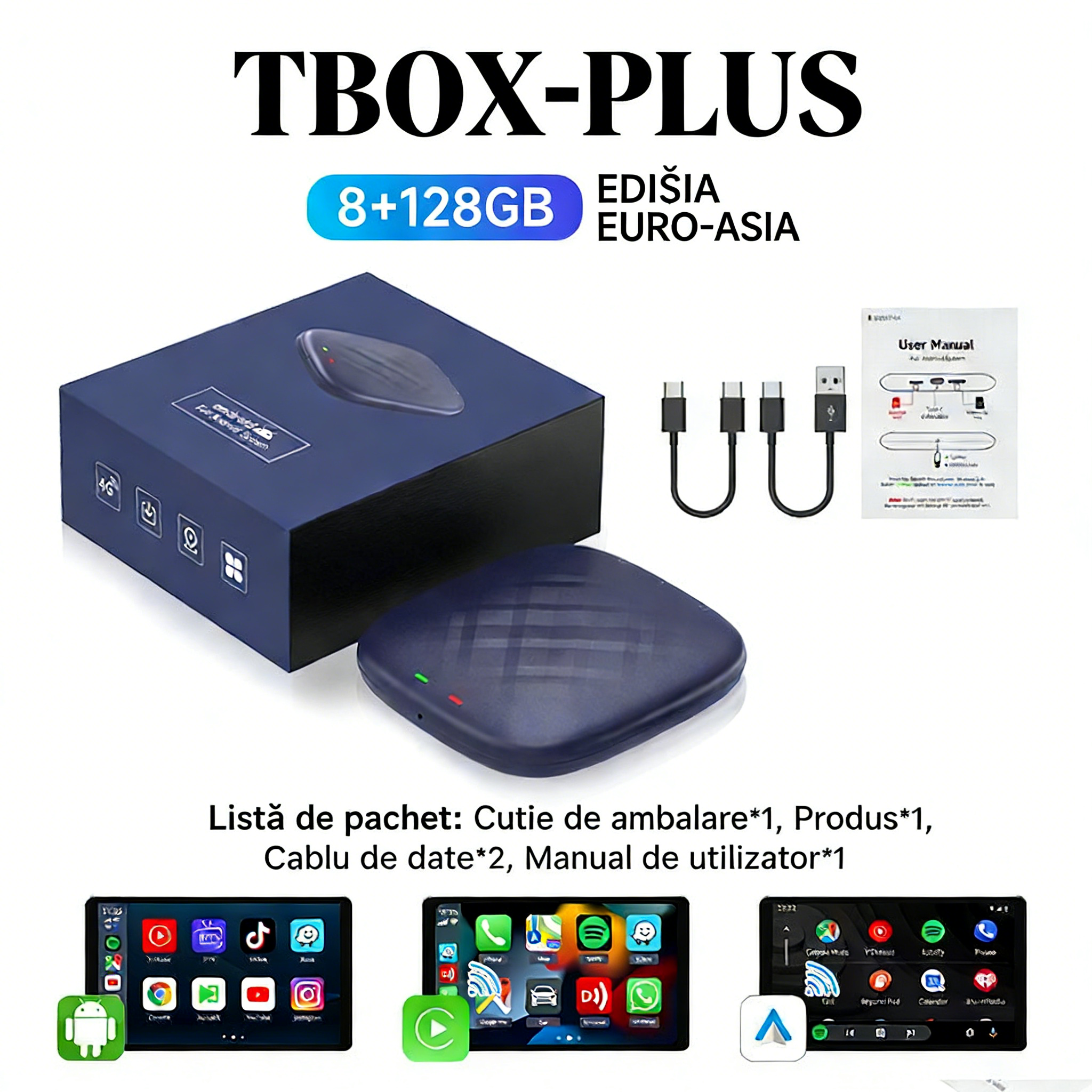 [Copy]Carlinkit CARPLAY AI BOX 2026, 8G/128G, Conexiune wireless, Compatibil cu Apple CarPlay și Android Auto, Suportă SIM și TF Card