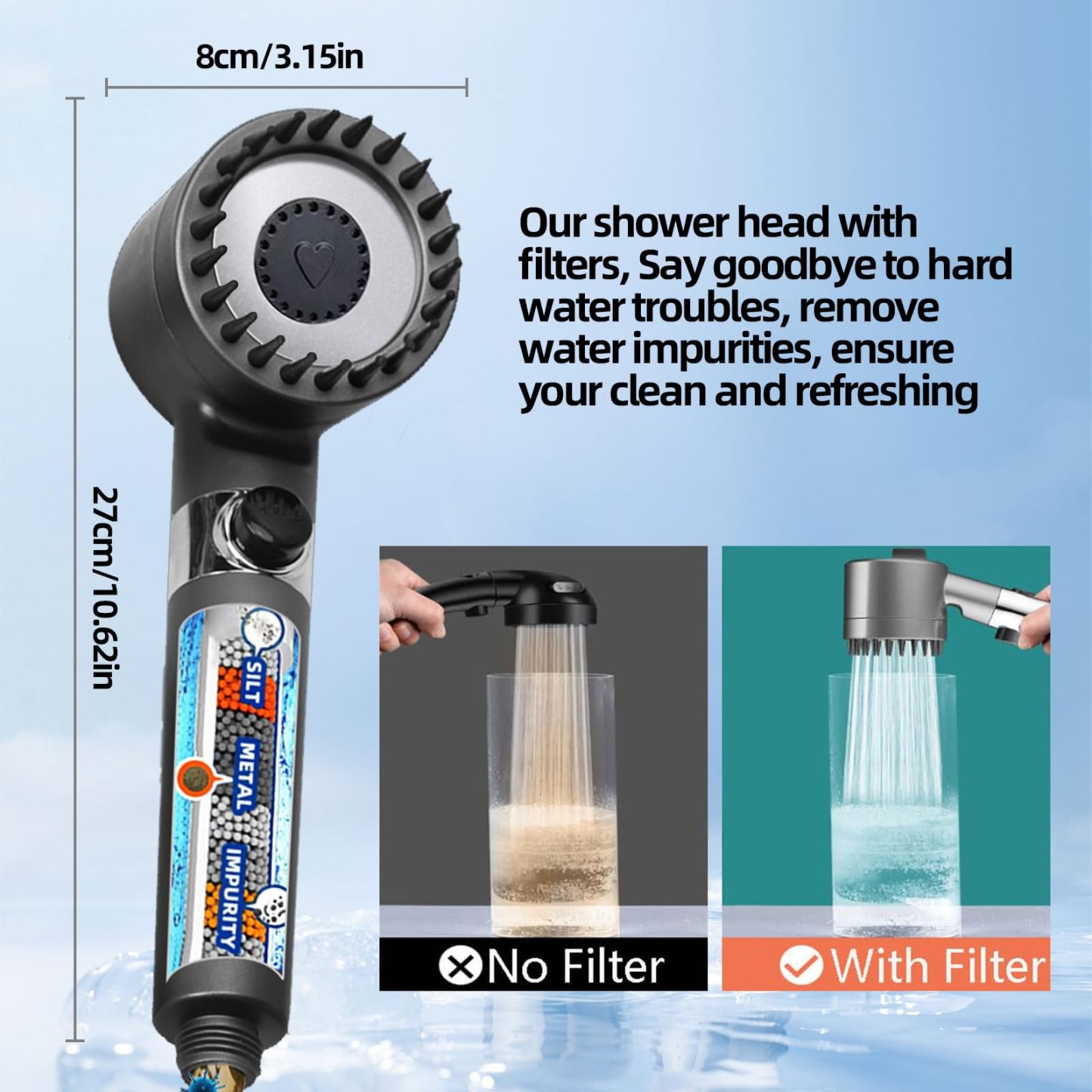 🚿💦Capete de duș puternice de înaltă presiune, cap de duș de mână cu filtre, cap de duș multifuncțional cu un singur buton, masaj german, masaj și frumusețea pielii, 4 moduri de pulverizare + 3 filtru