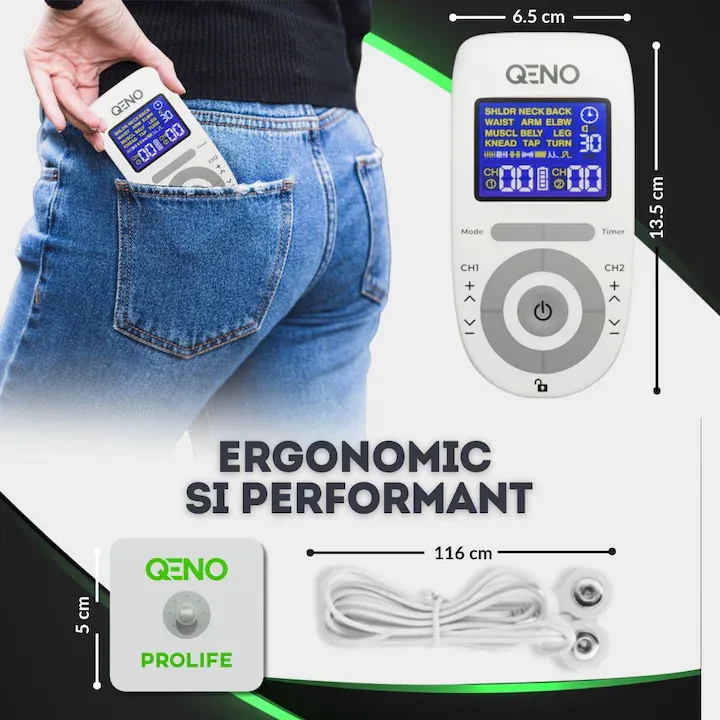 Aparat De Masaj Cu Electrostimulare Pentru Fizioterapie/Electroterapie QENO® ProLife, Cu 30 Niveluri De Intensitate, 8 Electrozi, Doua Canale De Utilizare, 12 Programe De Masaj, Display Digital, Alb