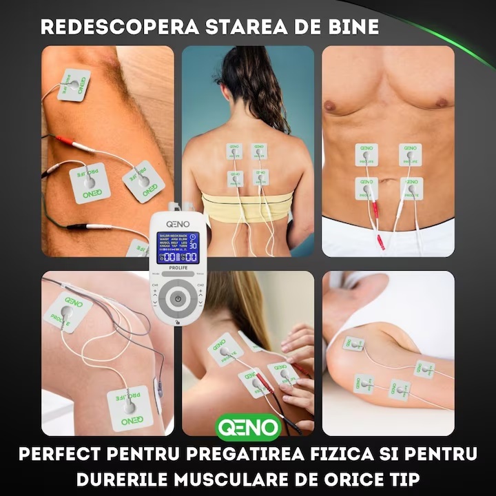 Aparat De Masaj Cu Electrostimulare Pentru Fizioterapie/Electroterapie QENO® ProLife, Cu 30 Niveluri De Intensitate, 8 Electrozi, Doua Canale De Utilizare, 12 Programe De Masaj, Display Digital, Alb
