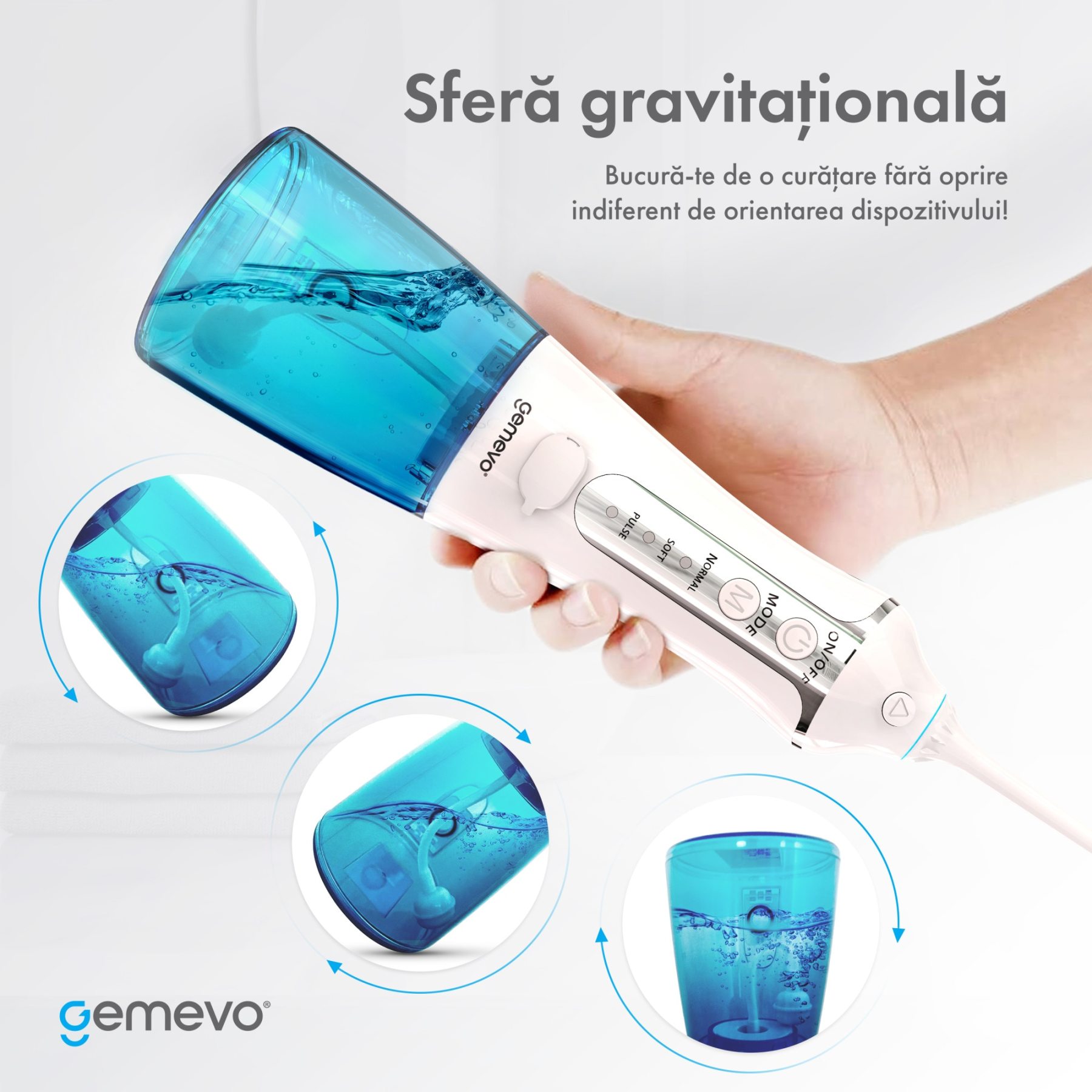Irigator Oral Profesional pentru Dus Bucal, Gemevo® Family, fara fir, portabil, IPX7, Protectie supraincalzire, Rezervor 300 ml, Culoare Alb/Albastru