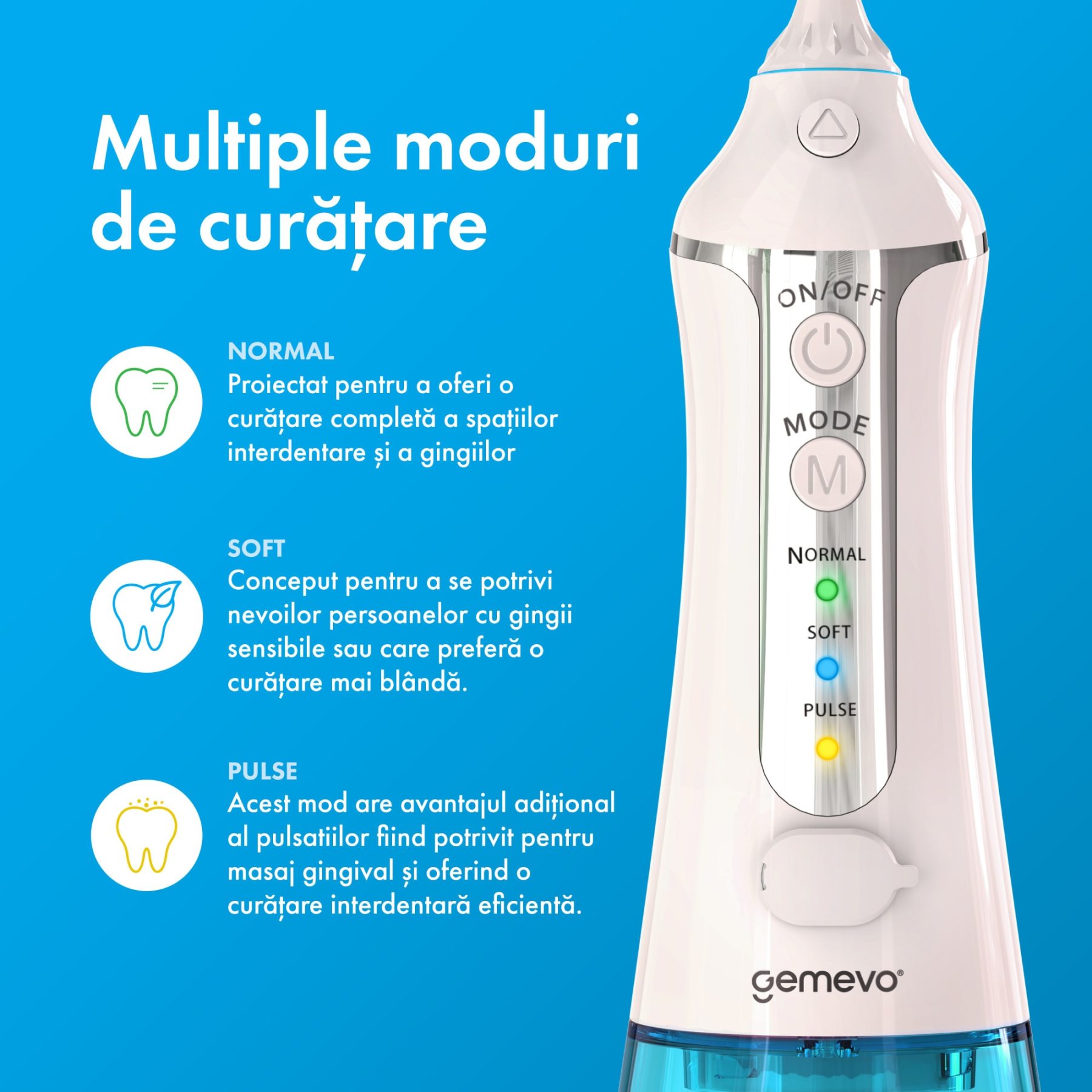 Irigator Oral Profesional pentru Dus Bucal, Gemevo® Family, fara fir, portabil, IPX7, Protectie supraincalzire, Rezervor 300 ml, Culoare Alb/Albastru