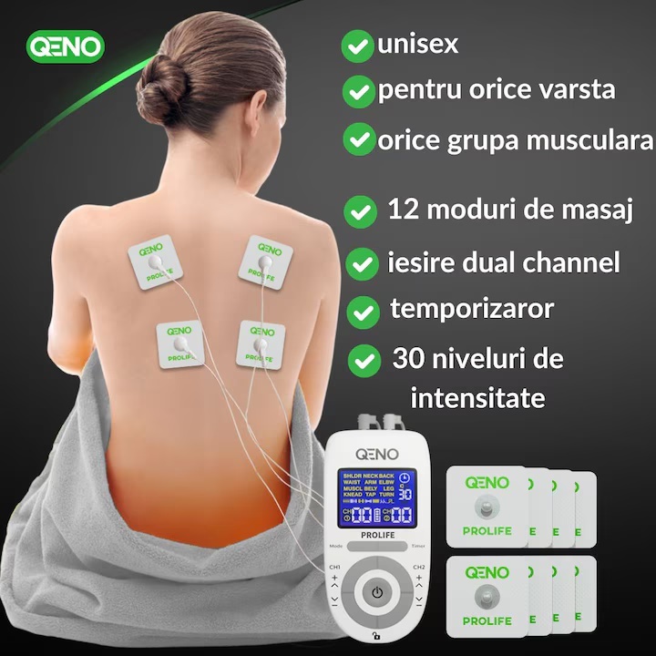 Aparat De Masaj Cu Electrostimulare Pentru Fizioterapie/Electroterapie QENO® ProLife, Cu 30 Niveluri De Intensitate, 8 Electrozi, Doua Canale De Utilizare, 12 Programe De Masaj, Display Digital, Alb