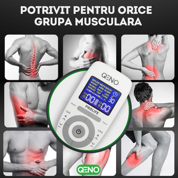Aparat De Masaj Cu Electrostimulare Pentru Fizioterapie/Electroterapie QENO® ProLife, Cu 30 Niveluri De Intensitate, 8 Electrozi, Doua Canale De Utilizare, 12 Programe De Masaj, Display Digital, Alb